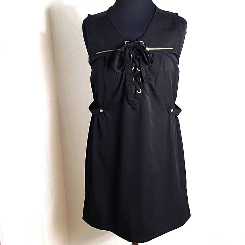 Eighty.Eight Black Sleeveless Mini-Dress, Lace-up Front, Gold Zippers,Size Large - Picture 2 of 9